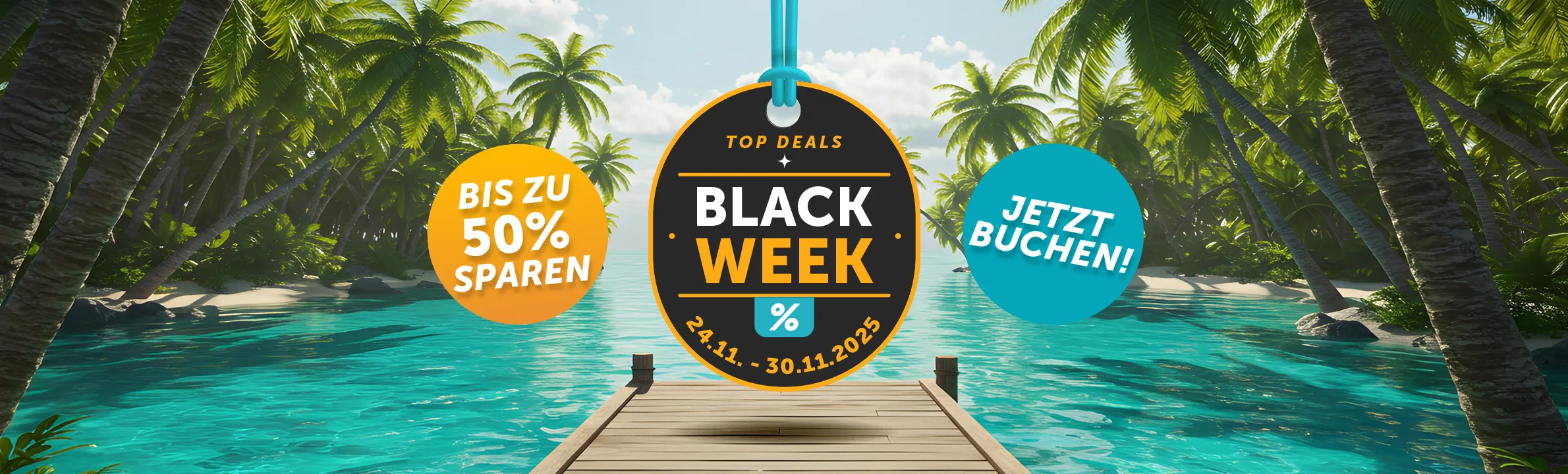 Coral Travel Black Week 2025 Grafik mit Holzsteg und vielen Palmen